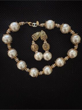 VTG Miriam Haskell Cream Pearl and Gold Diamante Necklace with Filigree Earrings
